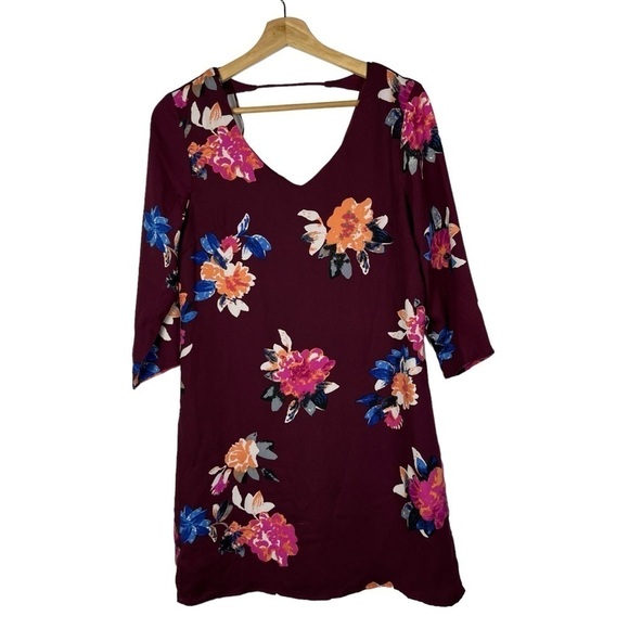 One Clothing Burgundy Red Floral Long Sleeve Shift Mini Dress S - Picture 1 of 3